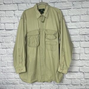 VTG 80s Orvis Shirt Men XXL Green Cotton Fishing Chin Strap Roll Tab Long Sleeve